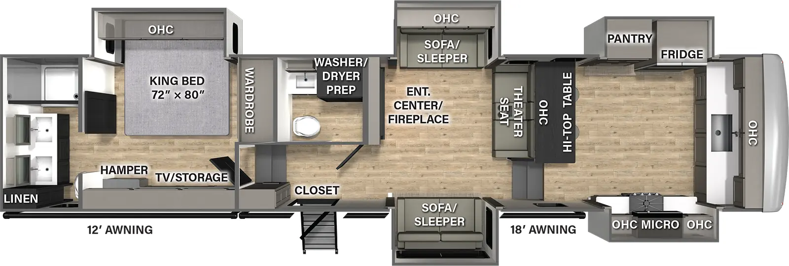 The Columbus 388FKH floorplan has one entry and five slide outs. Exterior features include: fiberglass exterior and 12' & 18' awning. Interiors features include: front kitchen, rear bathroom and bathroom and a half.